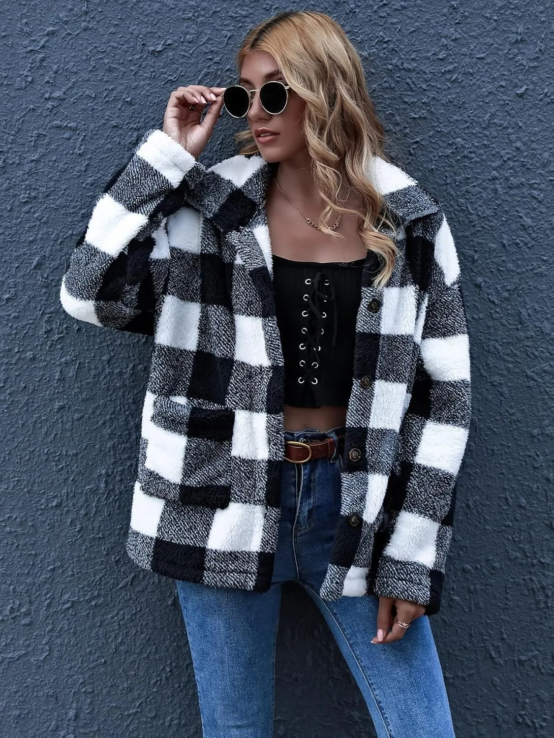 QUCH Sherpa Jacket Women Fuzzy Fleece Winter Coats for Women Shackets for Women 2024 Fashion Casual Warm Gingham Teddy Coat
