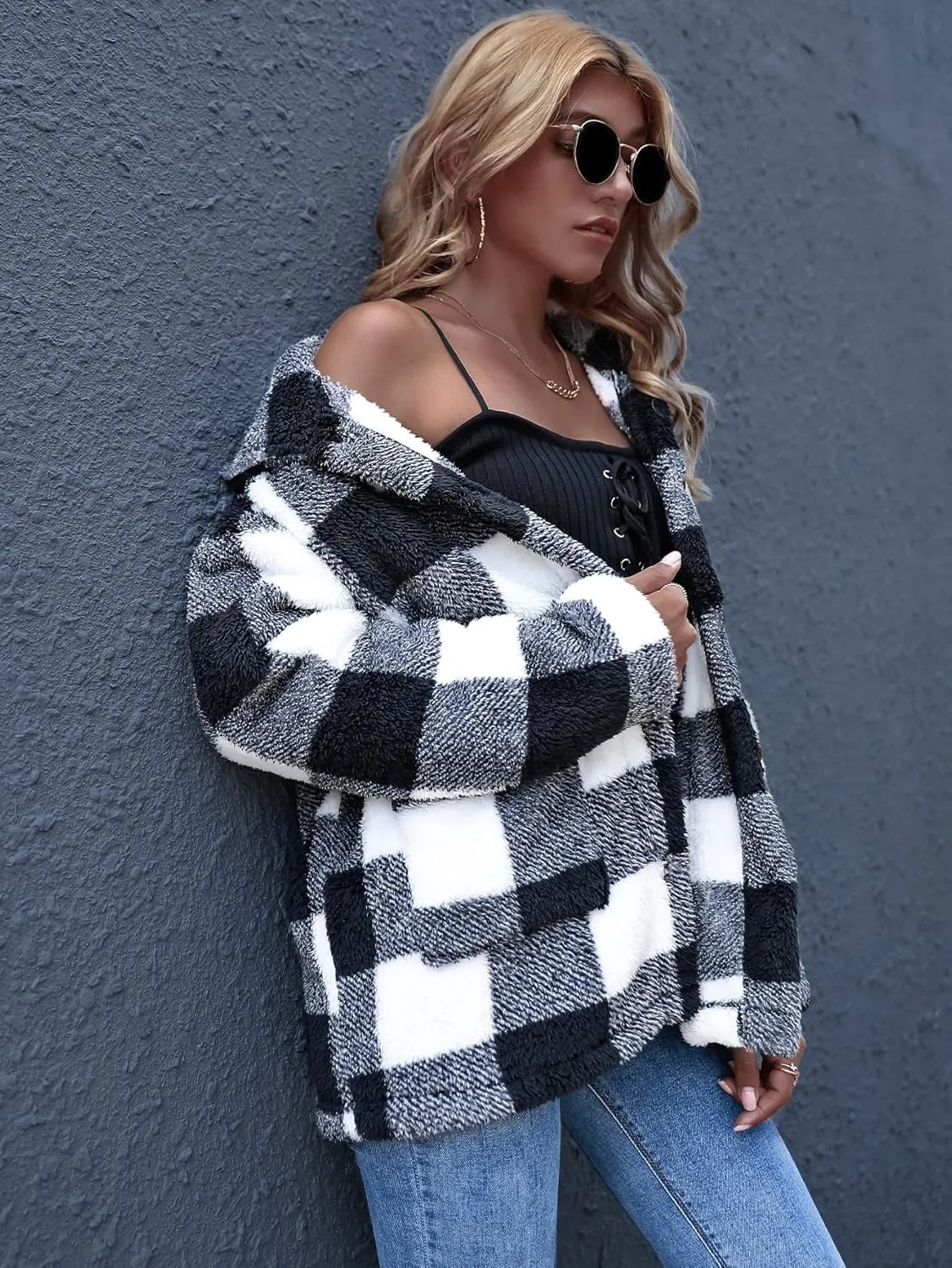 QUCH Sherpa Jacket Women Fuzzy Fleece Winter Coats for Women Shackets for Women 2024 Fashion Casual Warm Gingham Teddy Coat