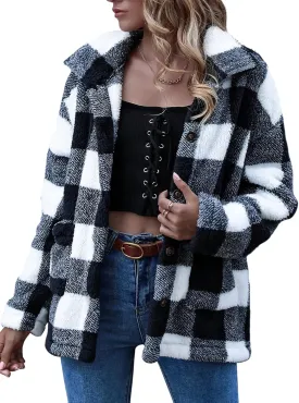 QUCH Sherpa Jacket Women Fuzzy Fleece Winter Coats for Women Shackets for Women 2024 Fashion Casual Warm Gingham Teddy Coat