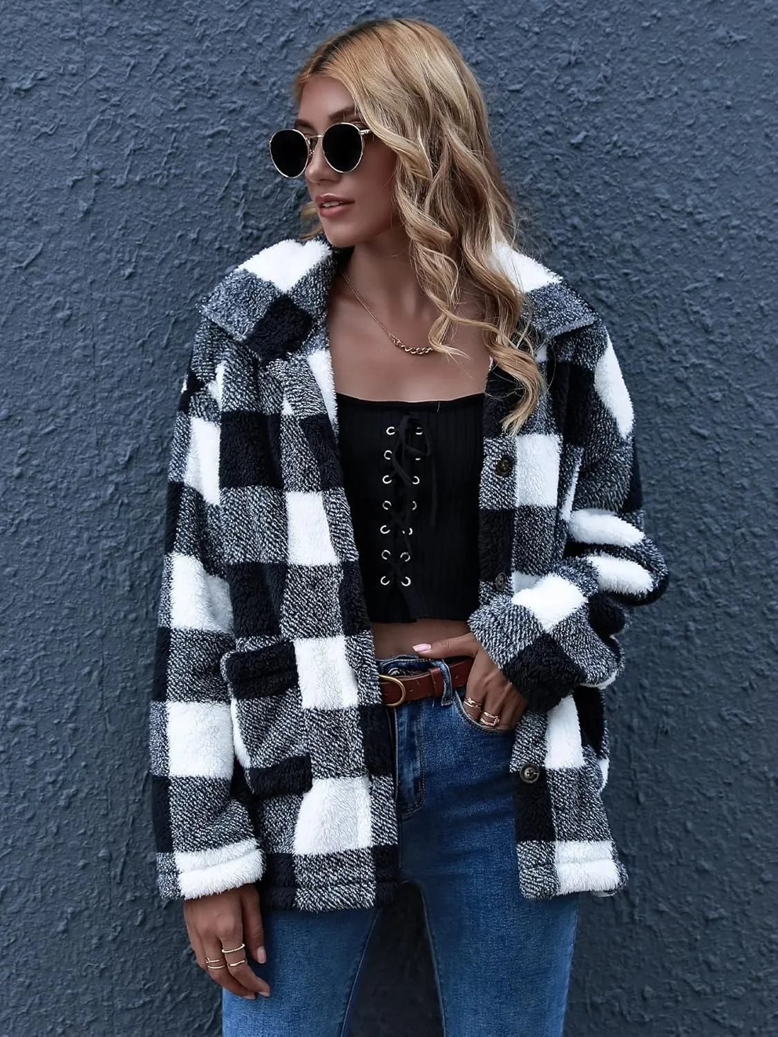QUCH Sherpa Jacket Women Fuzzy Fleece Winter Coats for Women Shackets for Women 2024 Fashion Casual Warm Gingham Teddy Coat