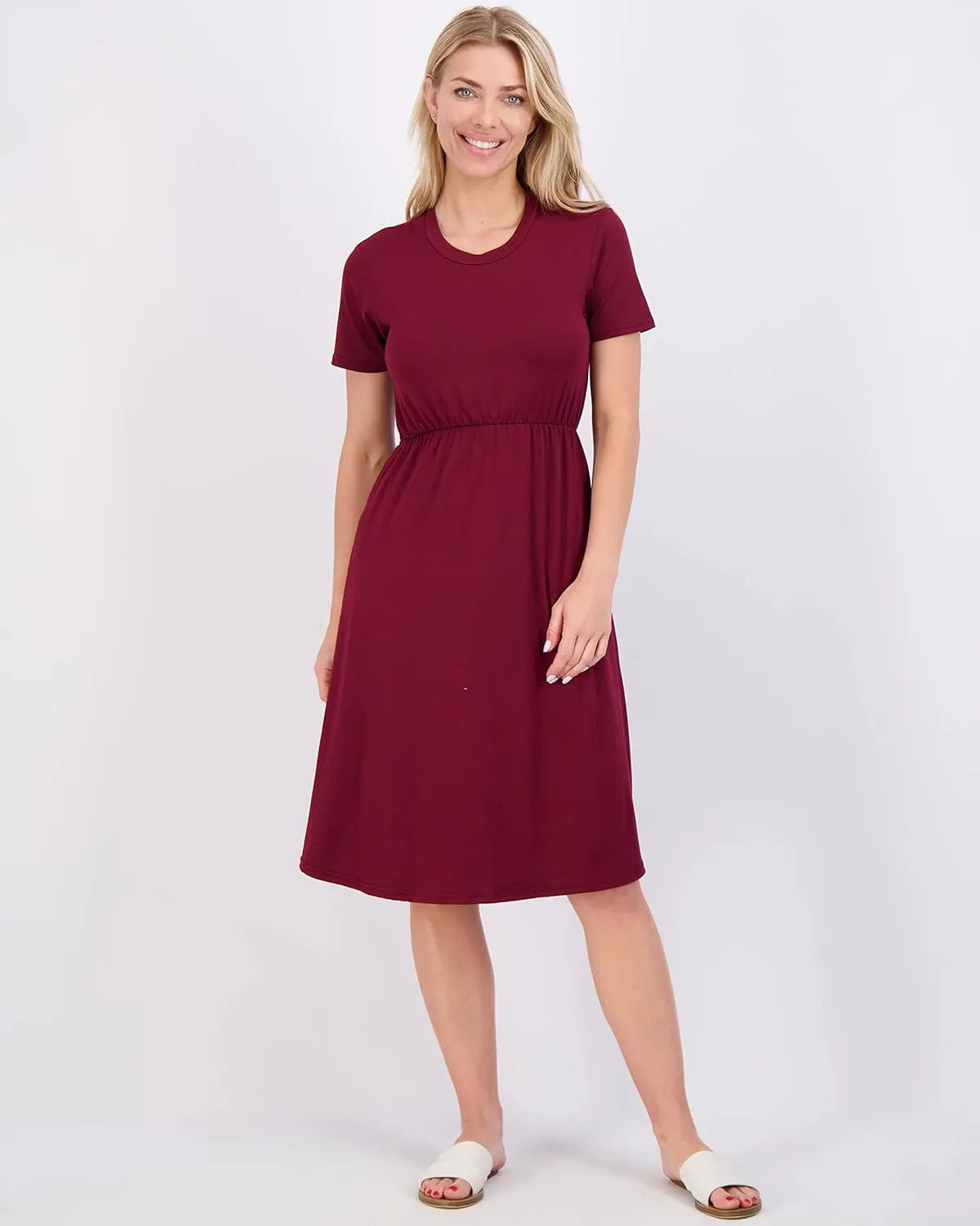 Real Essentials 3-Pack: Women's Midi Short Sleeve Soft T-Shirt Dress with Elastic Waist (Available in Plus Size)