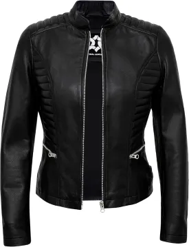 Real Lambskin Trendy Womens Leather Jackets Moto Biker Style Zip Up Motorcycle Jacket Women Outerwear With Pockets