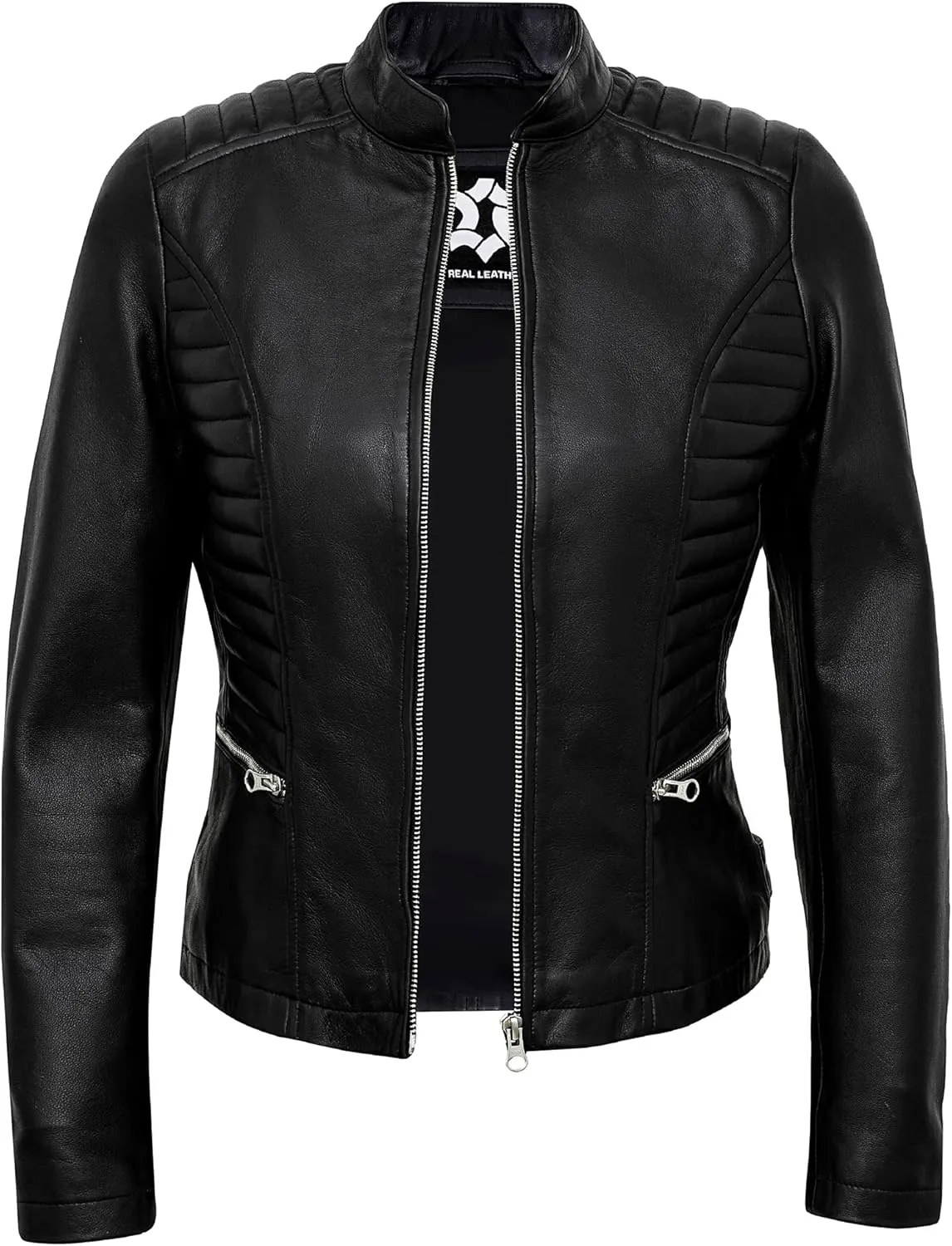 Real Lambskin Trendy Womens Leather Jackets Moto Biker Style Zip Up Motorcycle Jacket Women Outerwear With Pockets