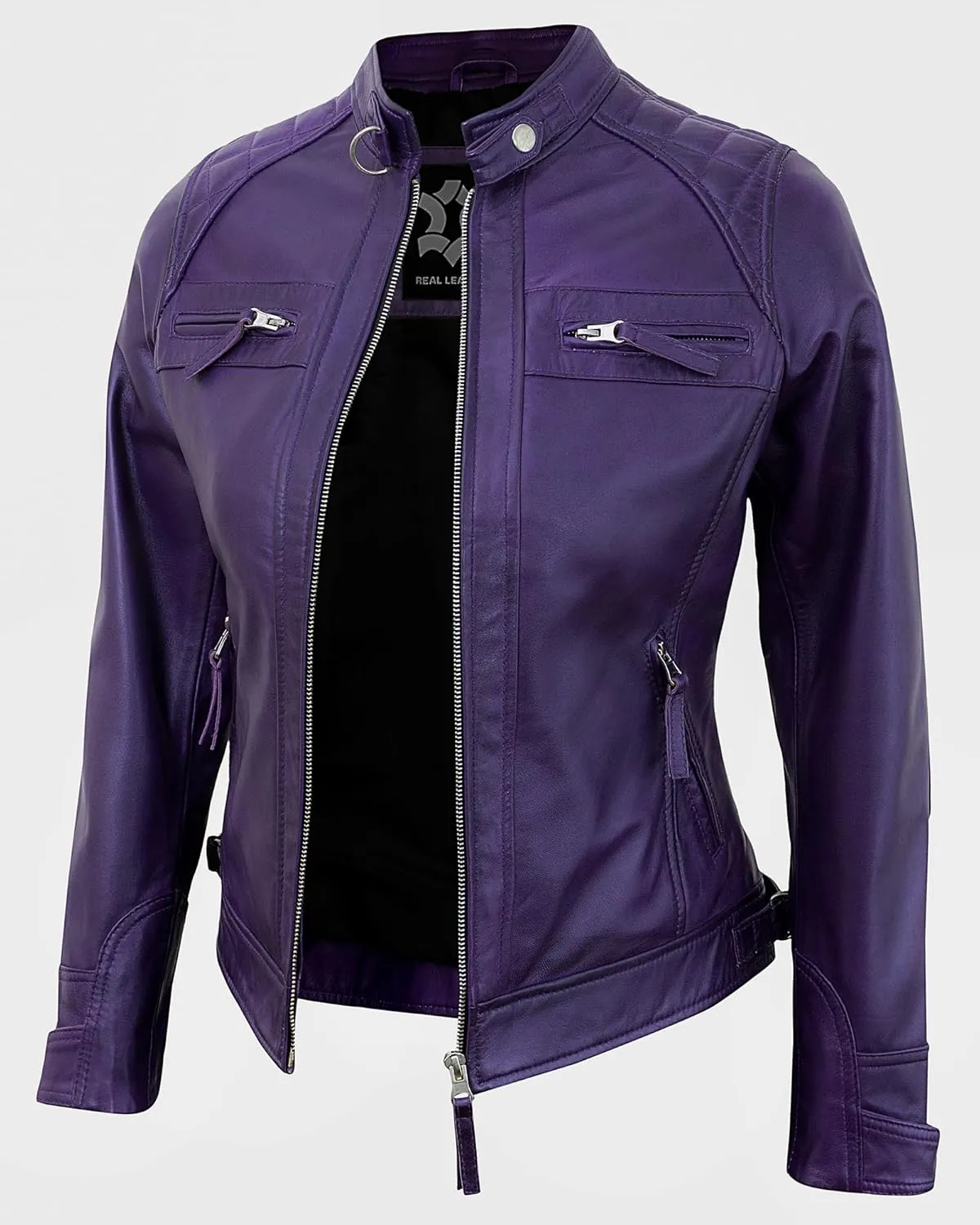 Real Lambskin Trendy Womens Leather Jackets Moto Biker Style Zip Up Motorcycle Jacket Women Outerwear With Pockets
