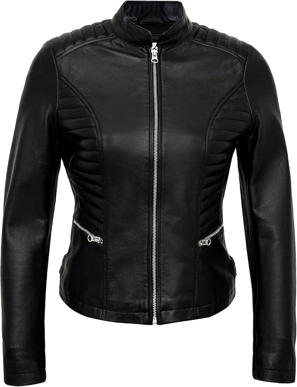 Real Lambskin Trendy Womens Leather Jackets Moto Biker Style Zip Up Motorcycle Jacket Women Outerwear With Pockets