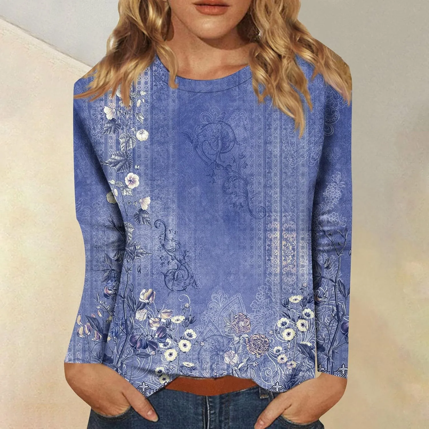 Shirts for Women Long Sleeve Crew Neck Tops Fall Tee Ladies Casual Loose Fit Printed Cute Basic Comfy Work Blouse