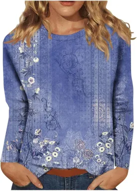 Shirts for Women Long Sleeve Crew Neck Tops Fall Tee Ladies Casual Loose Fit Printed Cute Basic Comfy Work Blouse