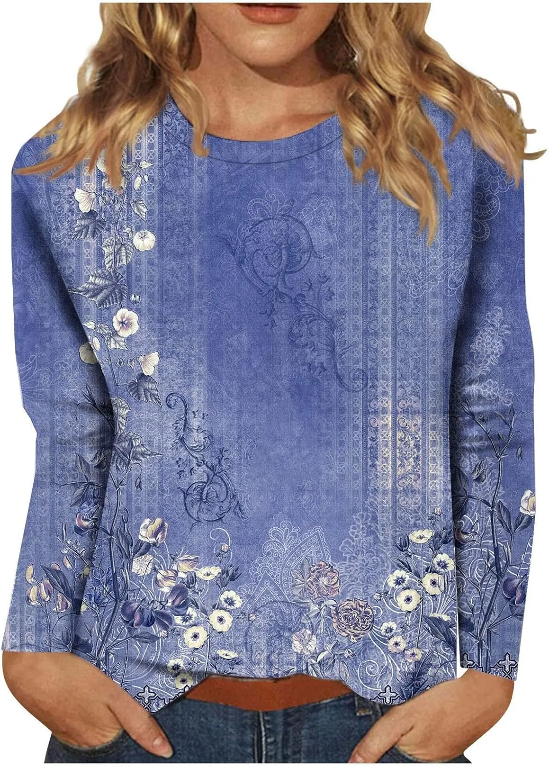 Shirts for Women Long Sleeve Crew Neck Tops Fall Tee Ladies Casual Loose Fit Printed Cute Basic Comfy Work Blouse