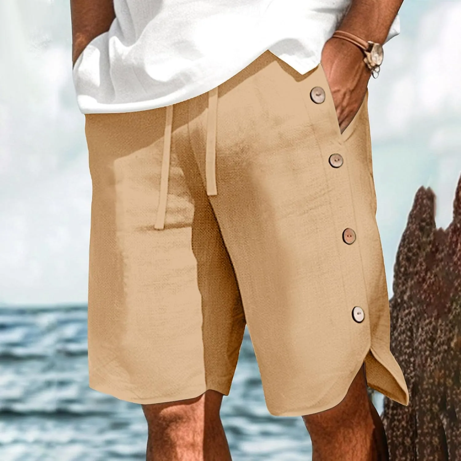 Shorts for Men Elastic Waist Side Buttons and Split Bermuda Shorts Summer Casual Faux Cotton Linen 5 Inch Pants with Pockets
