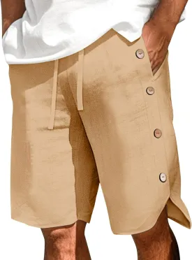 Shorts for Men Elastic Waist Side Buttons and Split Bermuda Shorts Summer Casual Faux Cotton Linen 5 Inch Pants with Pockets