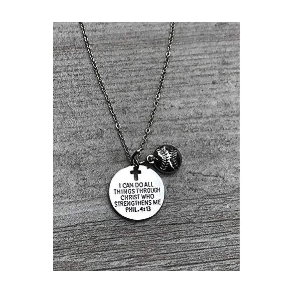 Softball Necklace, Faith I Can Do All Things Through Christ Who Strengthens Me Phil. 4:13