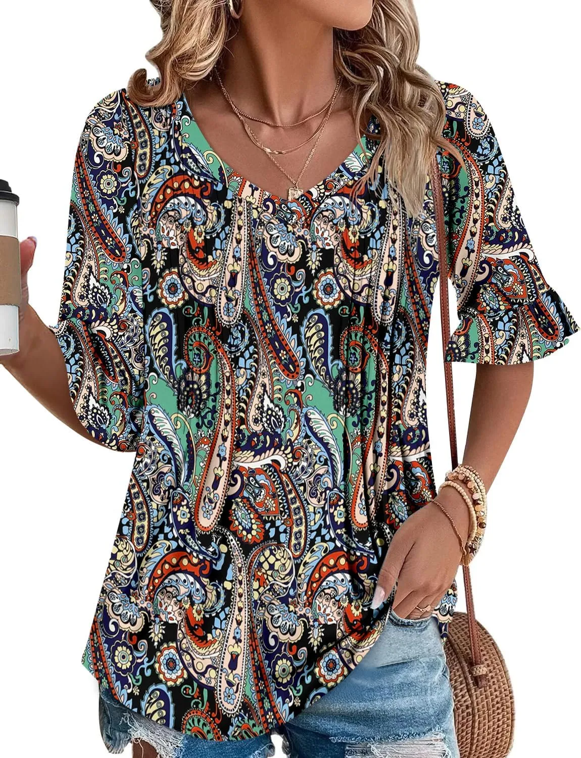 StunShow Womens Blouses Short Sleeve Summer Shirts Tunic Tops for Women Floral Women Tops Dressy Casual