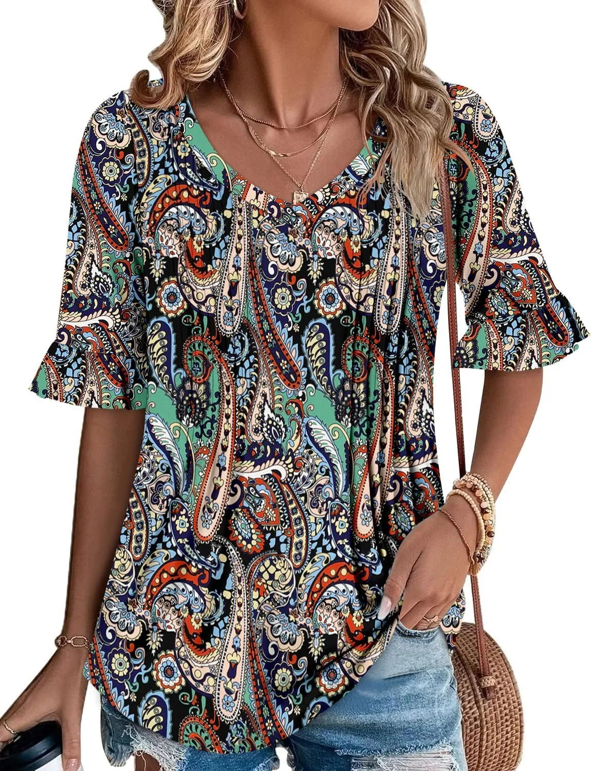 StunShow Womens Blouses Short Sleeve Summer Shirts Tunic Tops for Women Floral Women Tops Dressy Casual