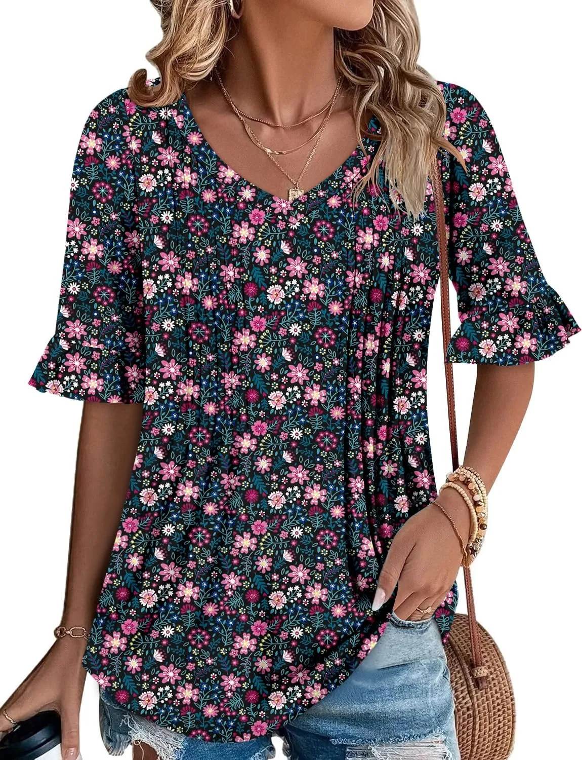 StunShow Womens Blouses Short Sleeve Summer Shirts Tunic Tops for Women Floral Women Tops Dressy Casual