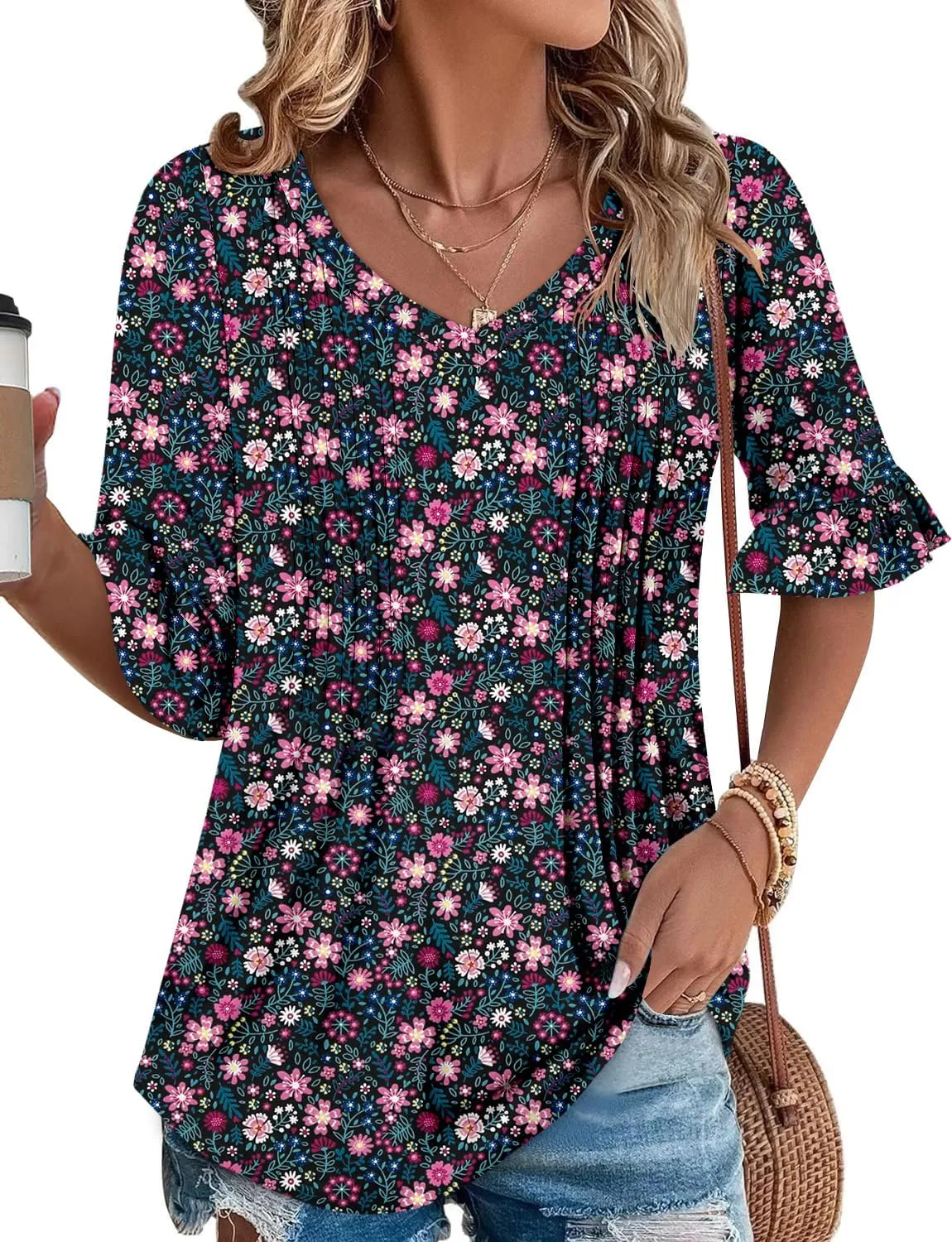 StunShow Womens Blouses Short Sleeve Summer Shirts Tunic Tops for Women Floral Women Tops Dressy Casual