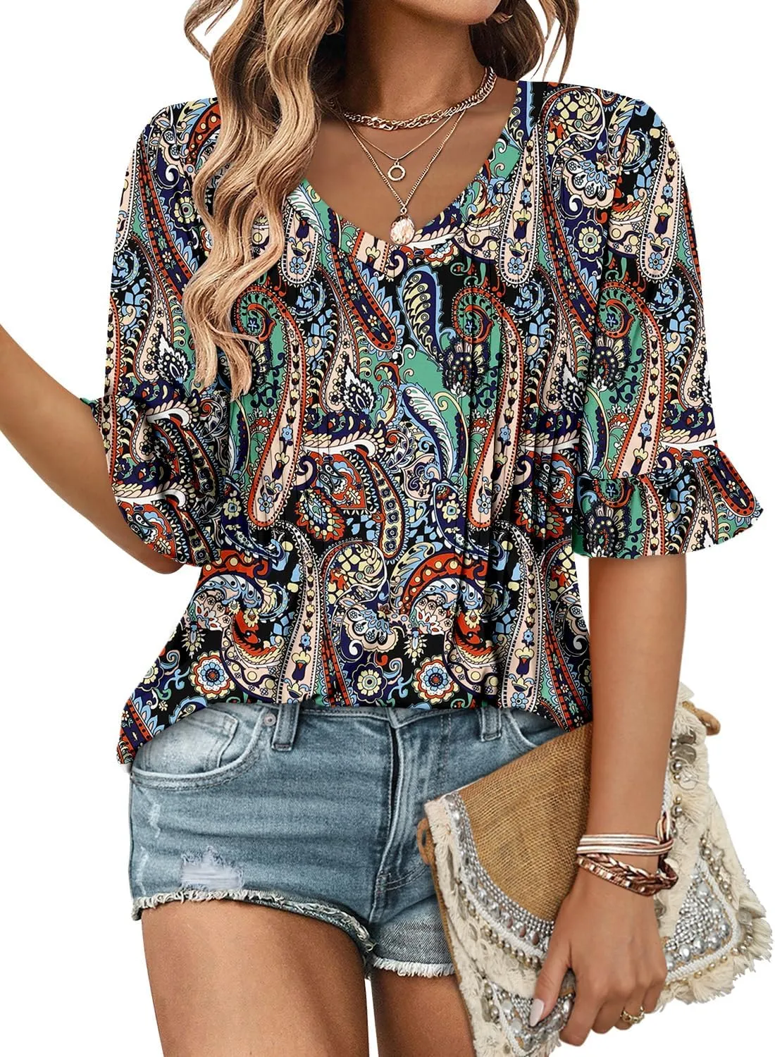 StunShow Womens Blouses Short Sleeve Summer Shirts Tunic Tops for Women Floral Women Tops Dressy Casual