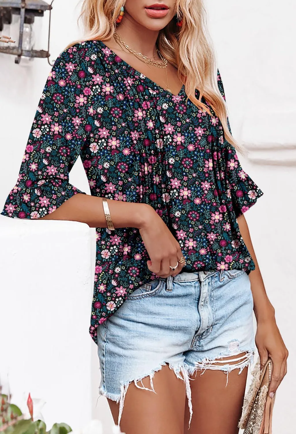 StunShow Womens Blouses Short Sleeve Summer Shirts Tunic Tops for Women Floral Women Tops Dressy Casual