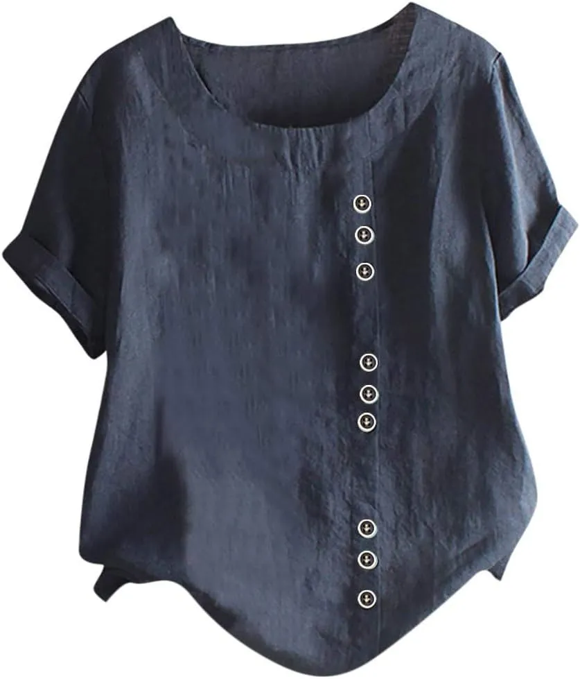 Summer Tops for Women 2025 Cotton Linen Casual Half Sleeve T Shirt Crewneck Oversized Tops Beach Vacation Blouse