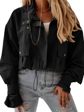Tankaneo Womens Cropped Bomber Jacket Long Sleeve Zip Up Casual Coats Loose Fit Outerwear with Pockets