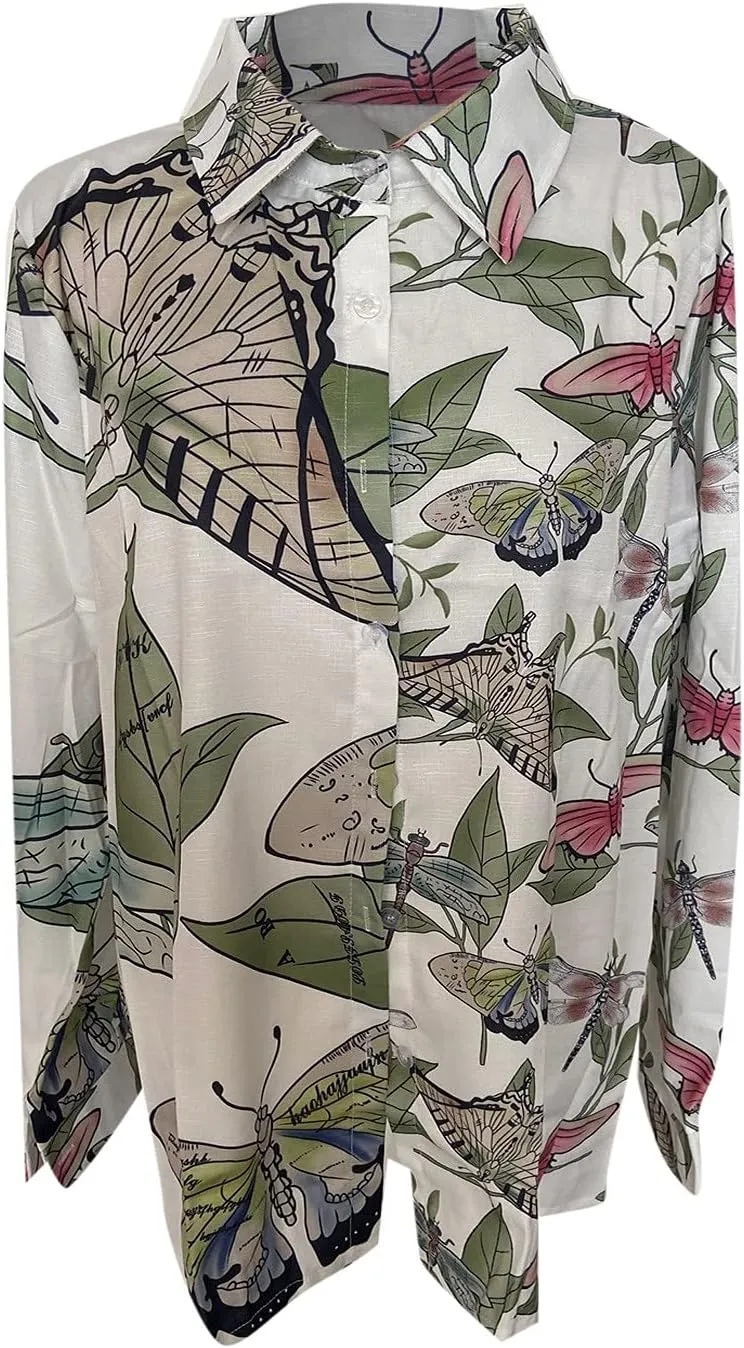 Tops for Women Lapel V Neck Mushroom Print Shirts Summer Cotton Linen Tees Shirts Long Sleeve Button Down Blouses