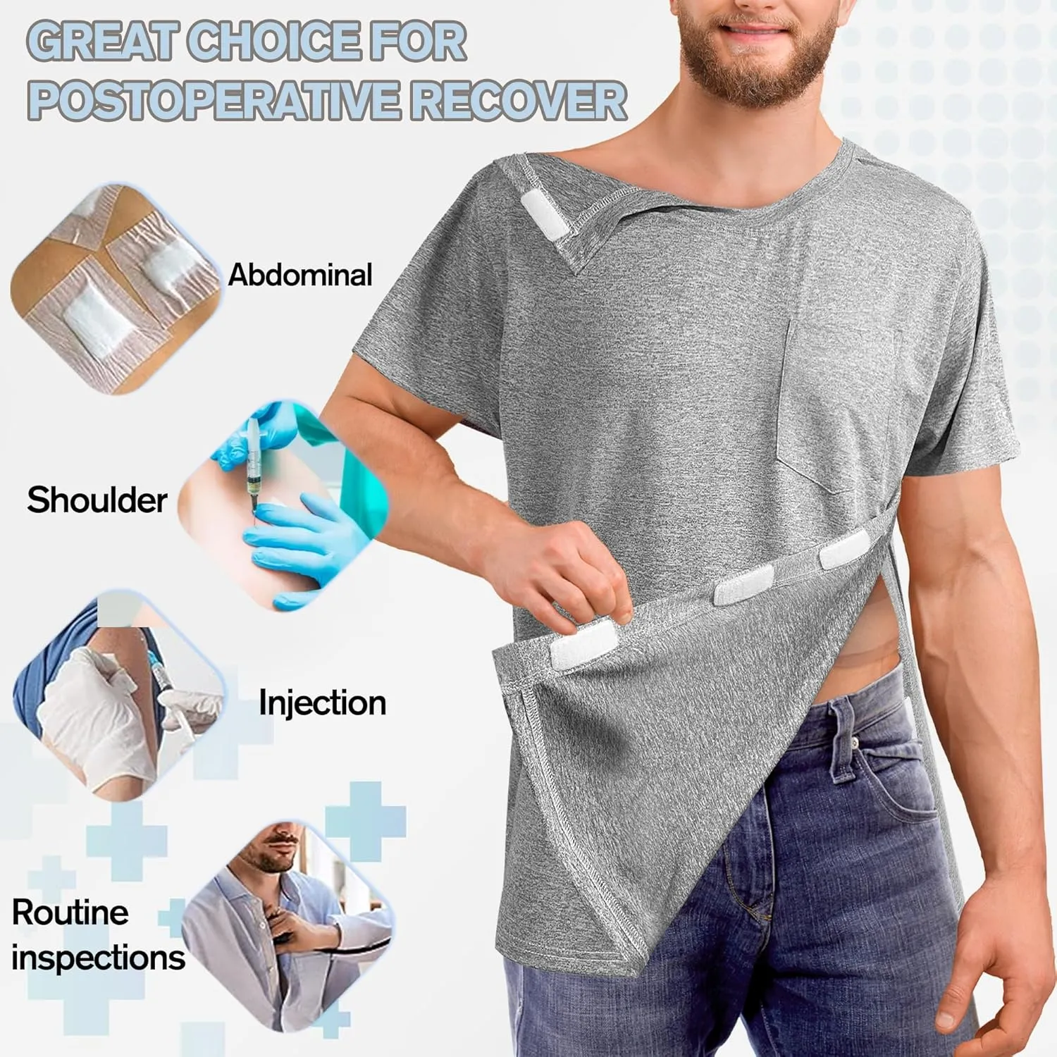 Unisex Post Shoulder Surgery Shirts for Women with All Access Stick On Fasteners Recovery Tear Away Chemo Clothing