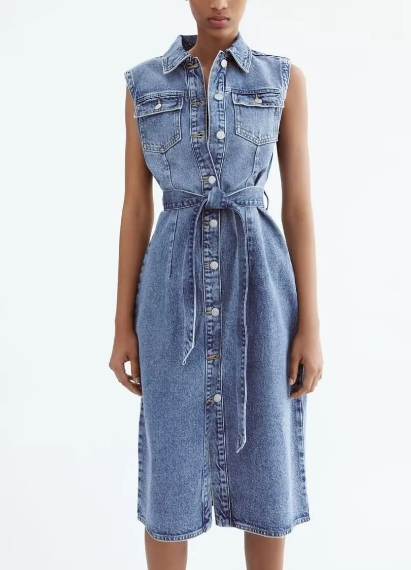 utcoco Denim Dress for Women Casual Sleeveless Belted Button Down Midi Jean Dresses for Women 2025