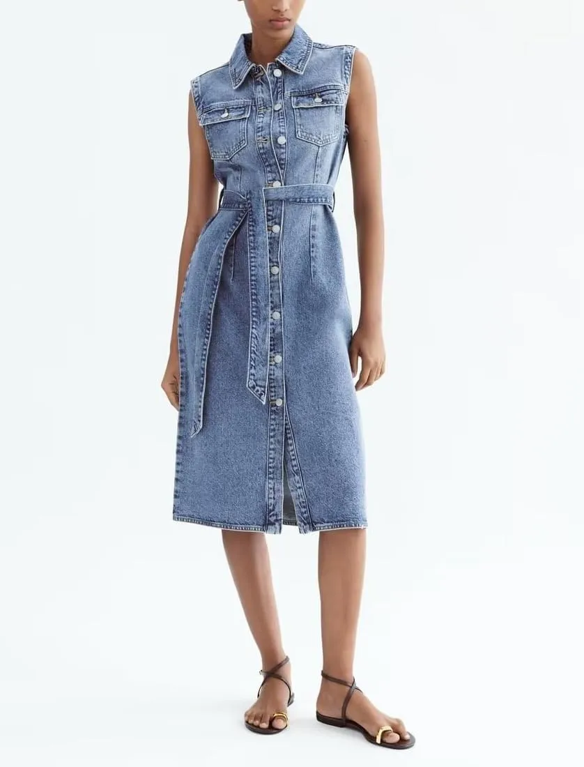 utcoco Denim Dress for Women Casual Sleeveless Belted Button Down Midi Jean Dresses for Women 2025