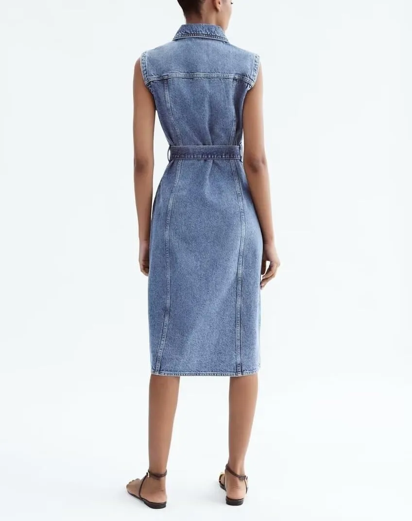 utcoco Denim Dress for Women Casual Sleeveless Belted Button Down Midi Jean Dresses for Women 2025