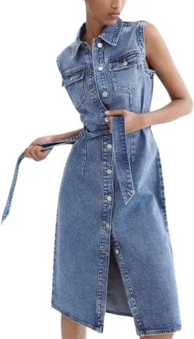 utcoco Denim Dress for Women Casual Sleeveless Belted Button Down Midi Jean Dresses for Women 2025