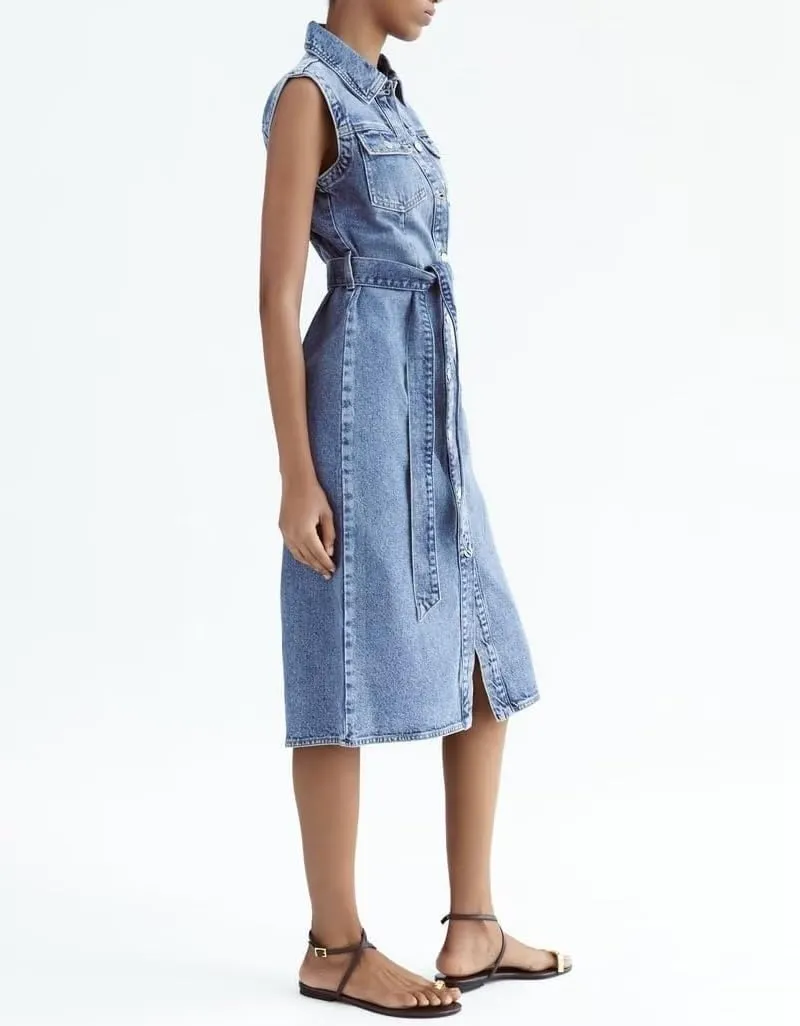 utcoco Denim Dress for Women Casual Sleeveless Belted Button Down Midi Jean Dresses for Women 2025