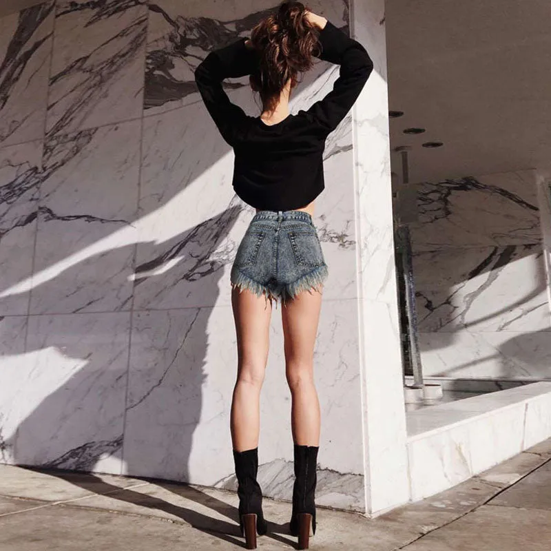 Vintage Style High Waist Bleach Distressed Denim Shorts - Blue