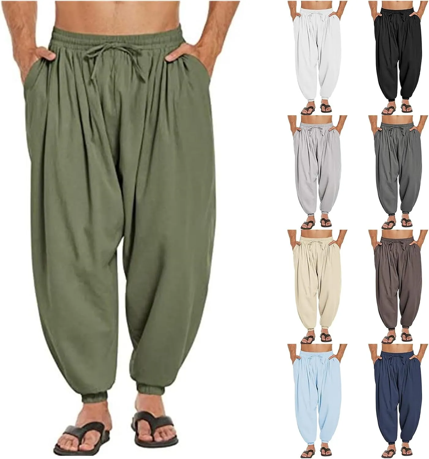 Wankang Men's Cotton Linen Harem Pants Drawstring Casual Bagge Trousers Lightweight Loose Beach Yoga Pants for Men