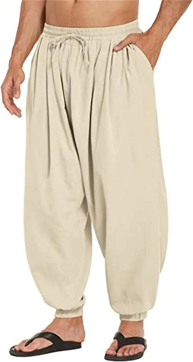 Wankang Men's Cotton Linen Harem Pants Drawstring Casual Bagge Trousers Lightweight Loose Beach Yoga Pants for Men
