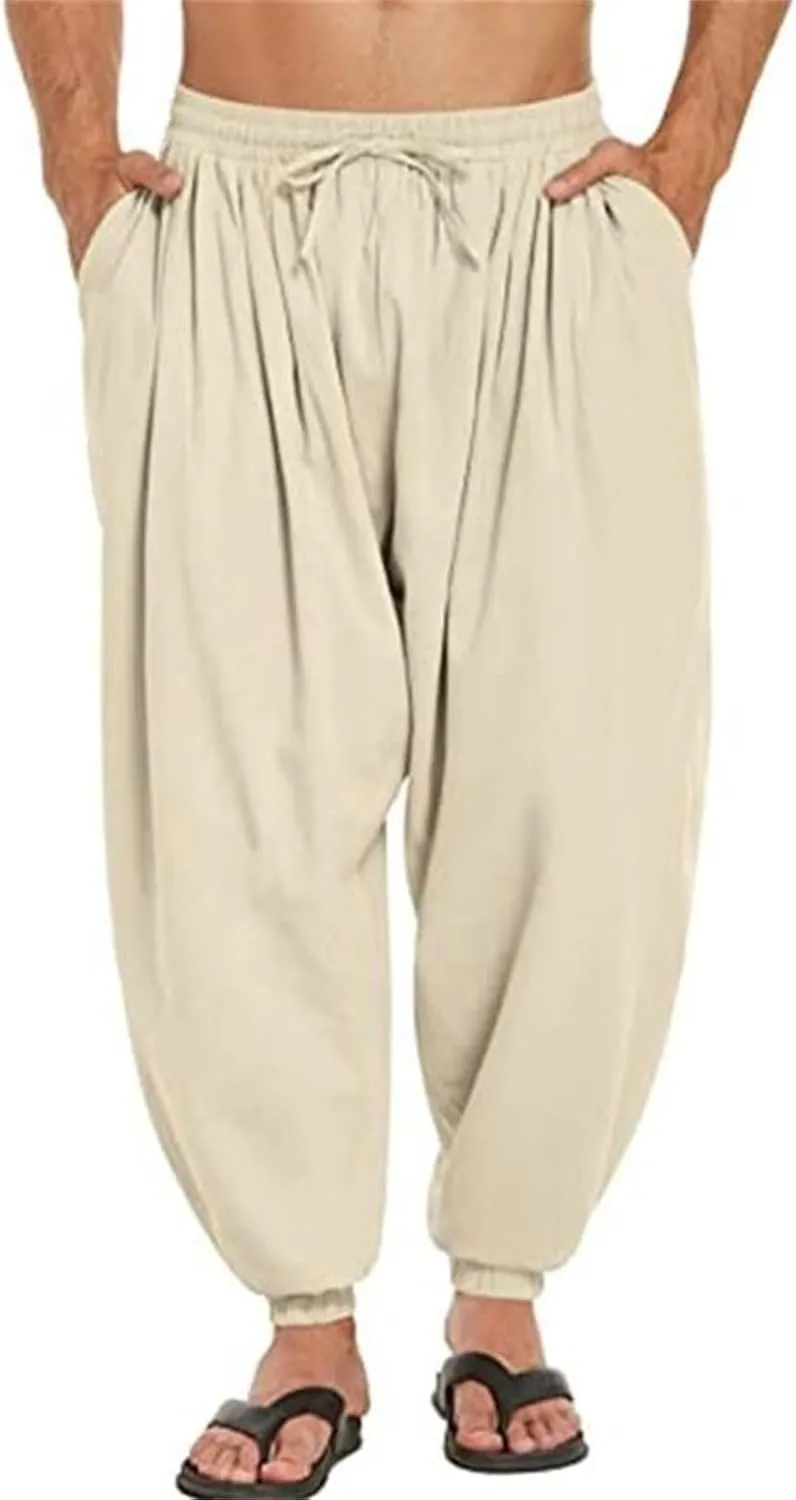 Wankang Men's Cotton Linen Harem Pants Drawstring Casual Bagge Trousers Lightweight Loose Beach Yoga Pants for Men