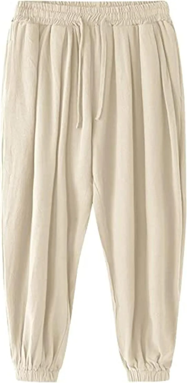 Wankang Men's Cotton Linen Harem Pants Drawstring Casual Bagge Trousers Lightweight Loose Beach Yoga Pants for Men