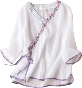 Women Cotton Linen Shirts Vintage Chinese Embroidery 3/4 Sleeve Casual Trendy Tops Loose V Neck Side Tie Slit Blouse