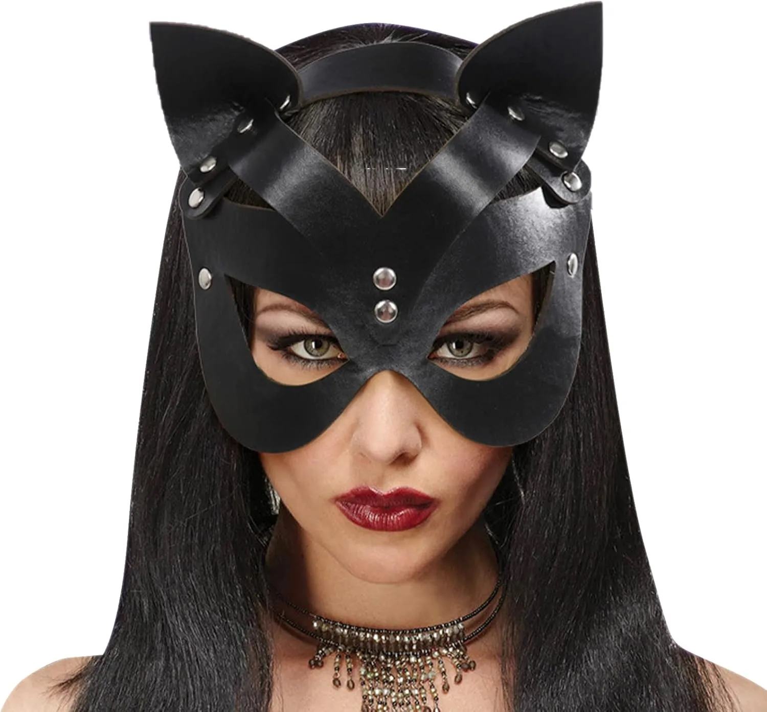Women Faux Leather Masquerade Mask Black Goth Fox Cat Eye Mask Halloween Costumes Mardi Gras Animal Cosplay Half Face Mask