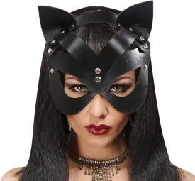Women Faux Leather Masquerade Mask Black Goth Fox Cat Eye Mask Halloween Costumes Mardi Gras Animal Cosplay Half Face Mask