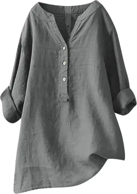 Women Summer Linen Shirts 3/4 Sleeve Cotton Blouse V Neck Button Tunic Tops Trendy Dressy Causal Clothing 2024
