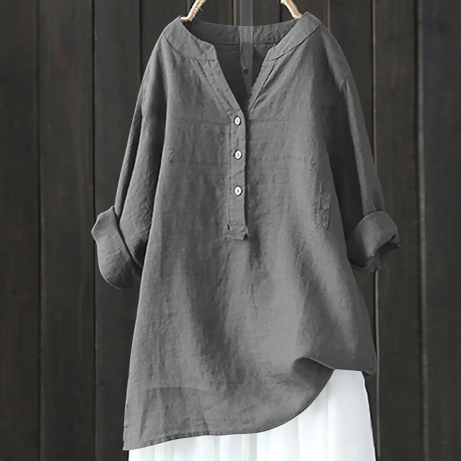 Women Summer Linen Shirts 3/4 Sleeve Cotton Blouse V Neck Button Tunic Tops Trendy Dressy Causal Clothing 2024