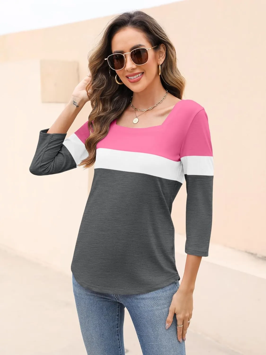 Womens 3/4 Sleeve Square Neck Tops Casual Summer Tops Trendy Womens T Shirts Ladies Tops