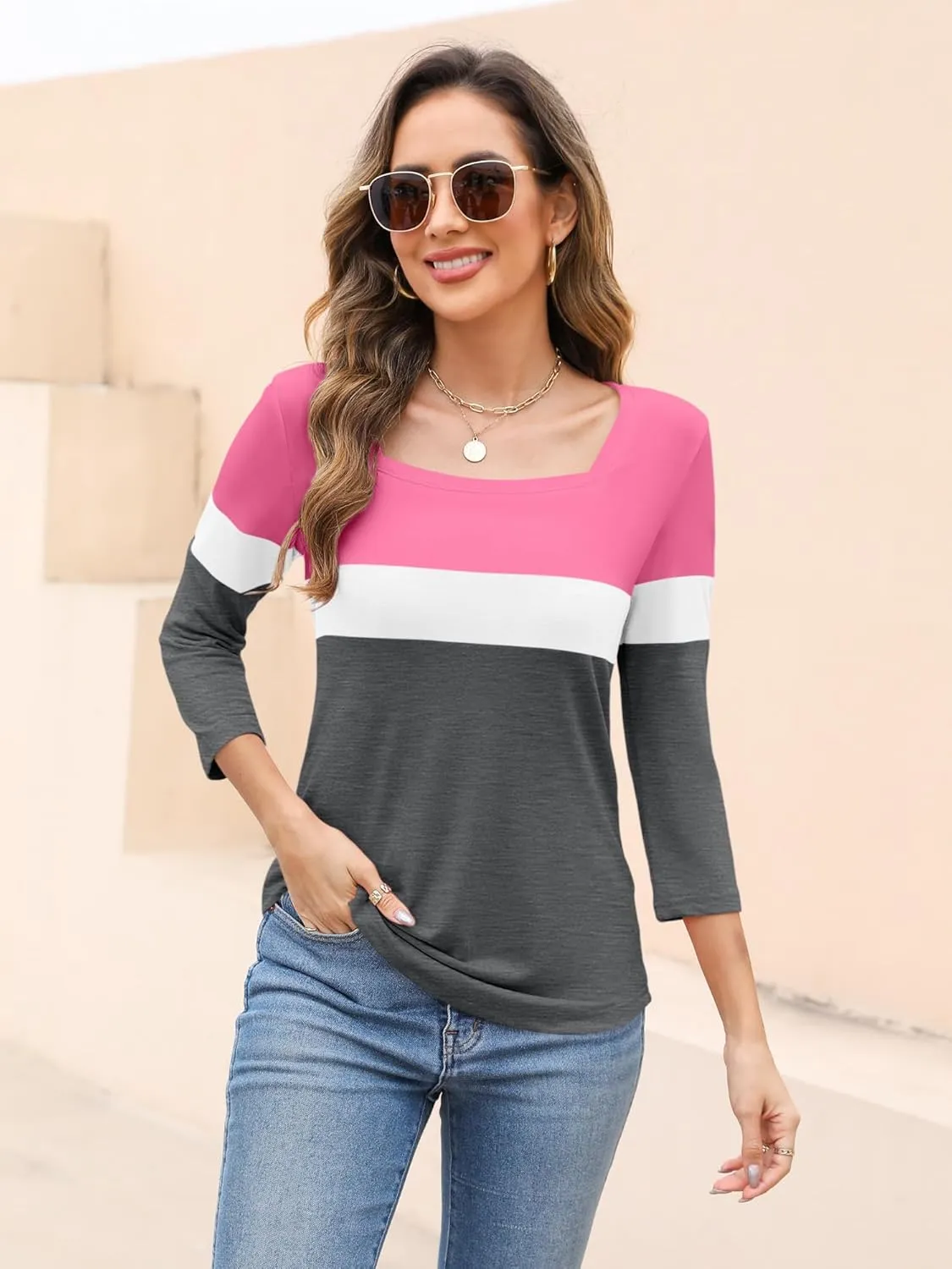 Womens 3/4 Sleeve Square Neck Tops Casual Summer Tops Trendy Womens T Shirts Ladies Tops