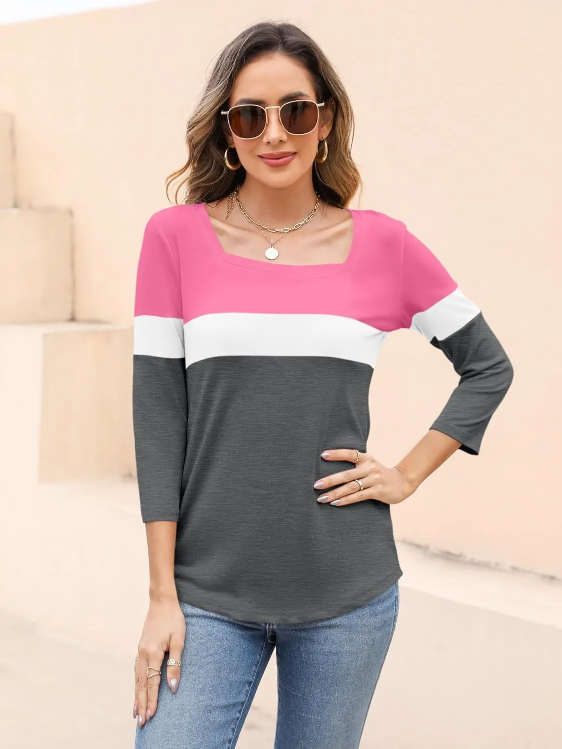 Womens 3/4 Sleeve Square Neck Tops Casual Summer Tops Trendy Womens T Shirts Ladies Tops