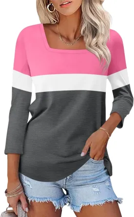 Womens 3/4 Sleeve Square Neck Tops Casual Summer Tops Trendy Womens T Shirts Ladies Tops