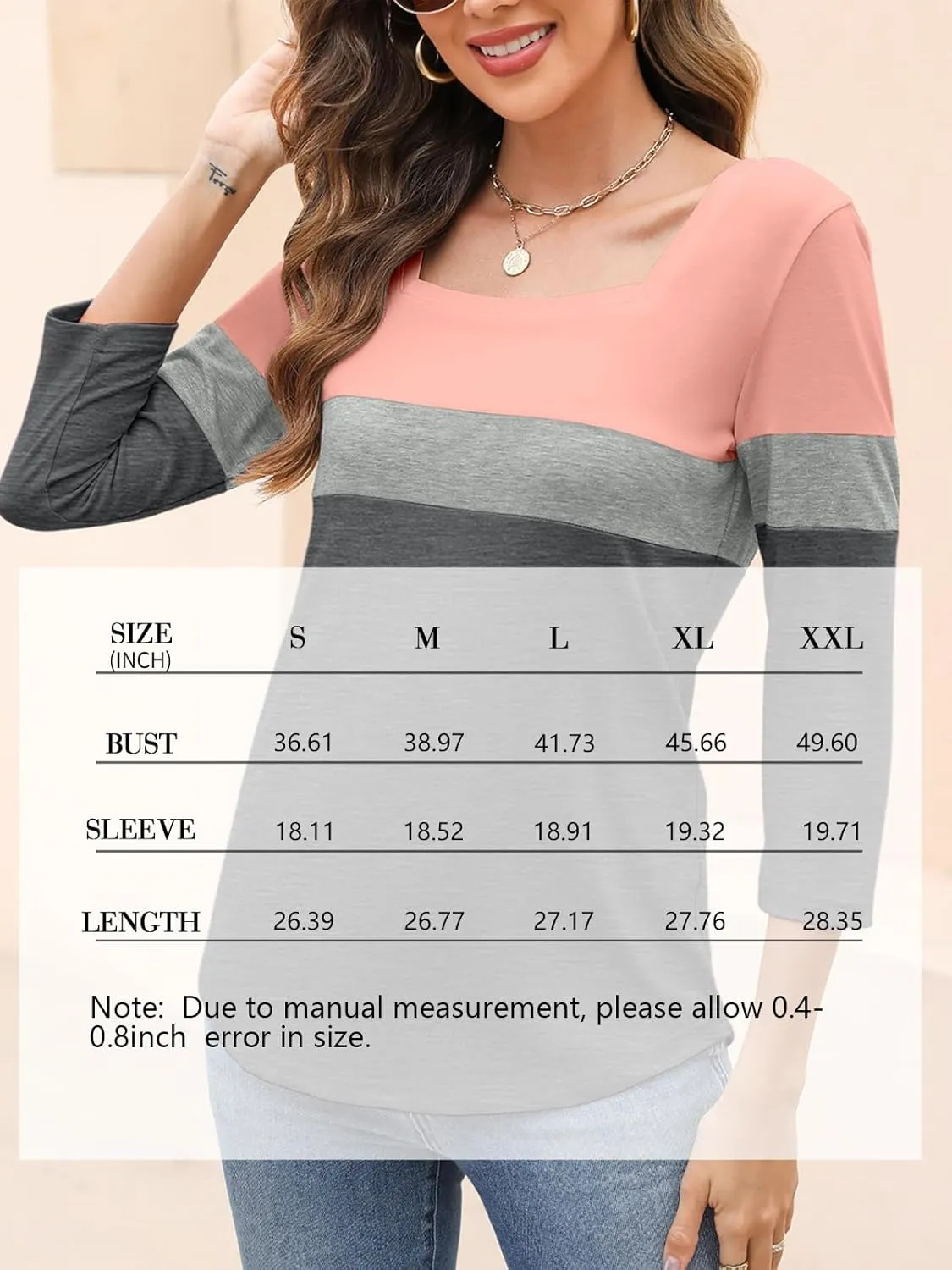 Womens 3/4 Sleeve Square Neck Tops Casual Summer Tops Trendy Womens T Shirts Ladies Tops