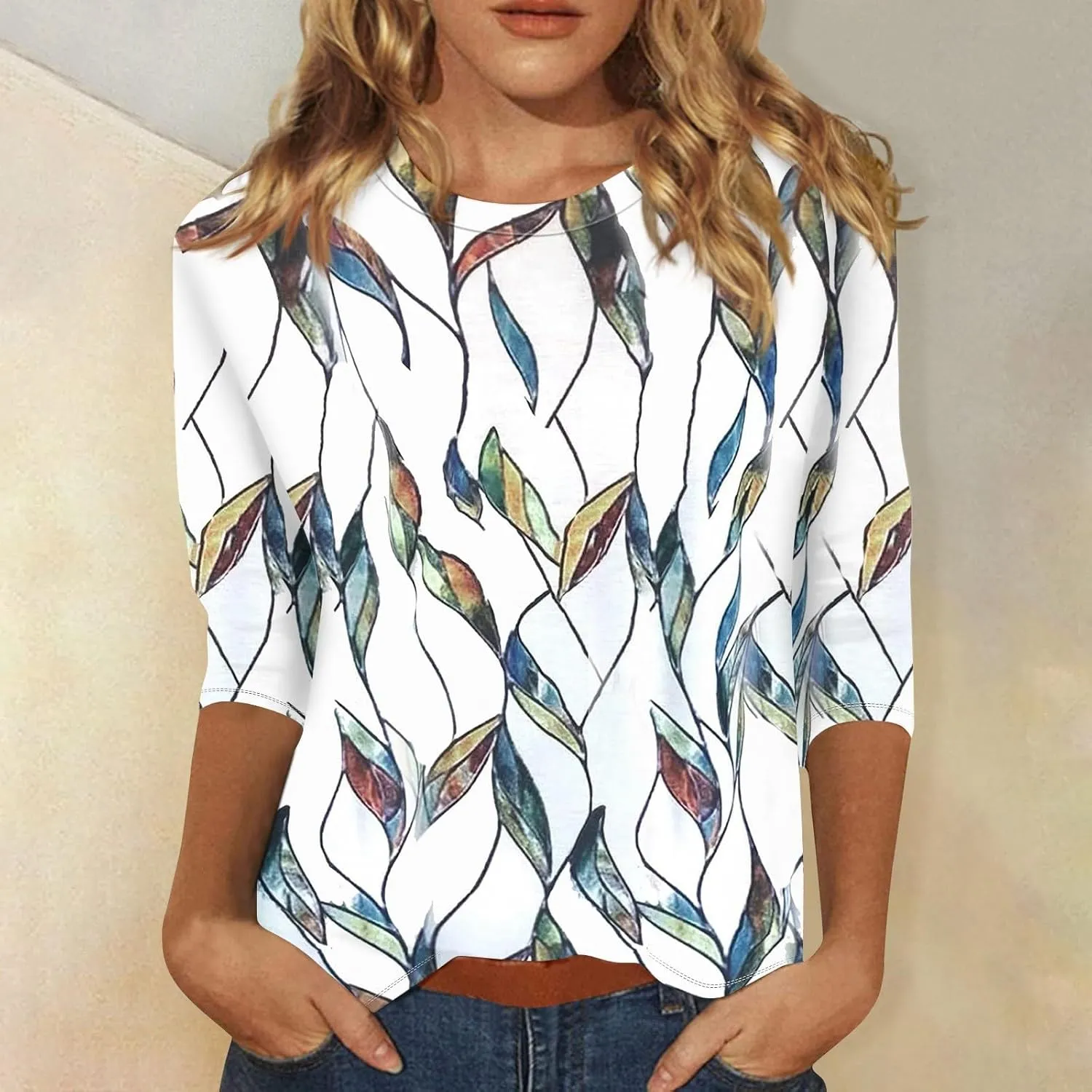 Womens 3/4 Sleeve Tops 2025 Summer Print Round Neck Shirts Loose Fit Three Quarter Sleeve Tshirts