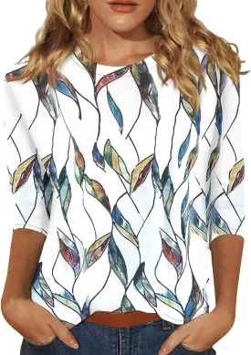 Womens 3/4 Sleeve Tops 2025 Summer Print Round Neck Shirts Loose Fit Three Quarter Sleeve Tshirts