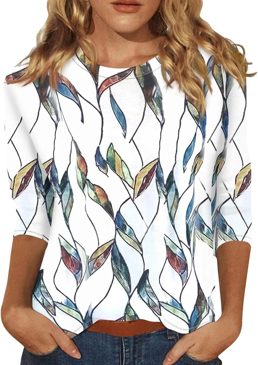 Womens 3/4 Sleeve Tops 2025 Summer Print Round Neck Shirts Loose Fit Three Quarter Sleeve Tshirts