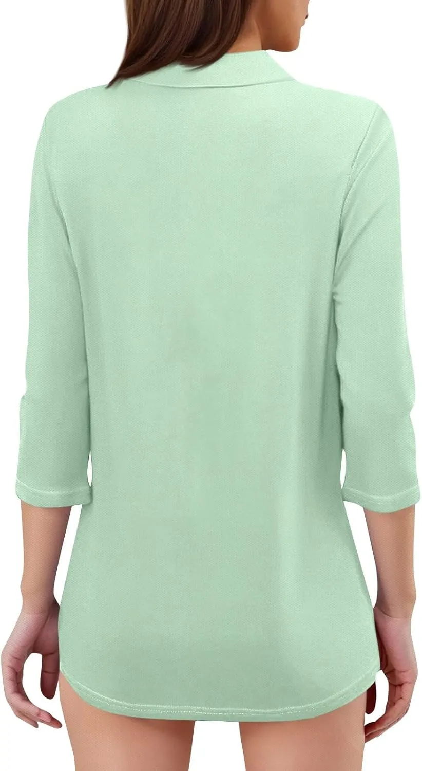 Women's 3/4 Sleeve V-Neck Collared Tops Summer Business Casual Work Polo Shirts 2025 Trendy Loose Fit Basic Tees