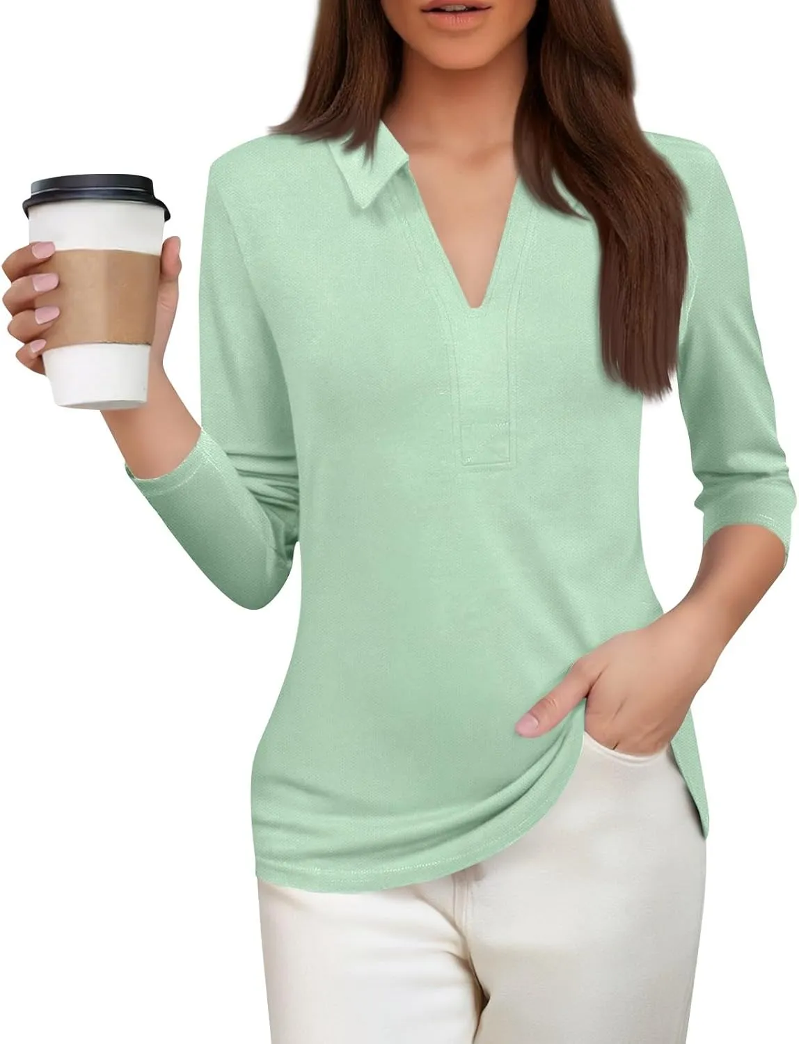 Women's 3/4 Sleeve V-Neck Collared Tops Summer Business Casual Work Polo Shirts 2025 Trendy Loose Fit Basic Tees